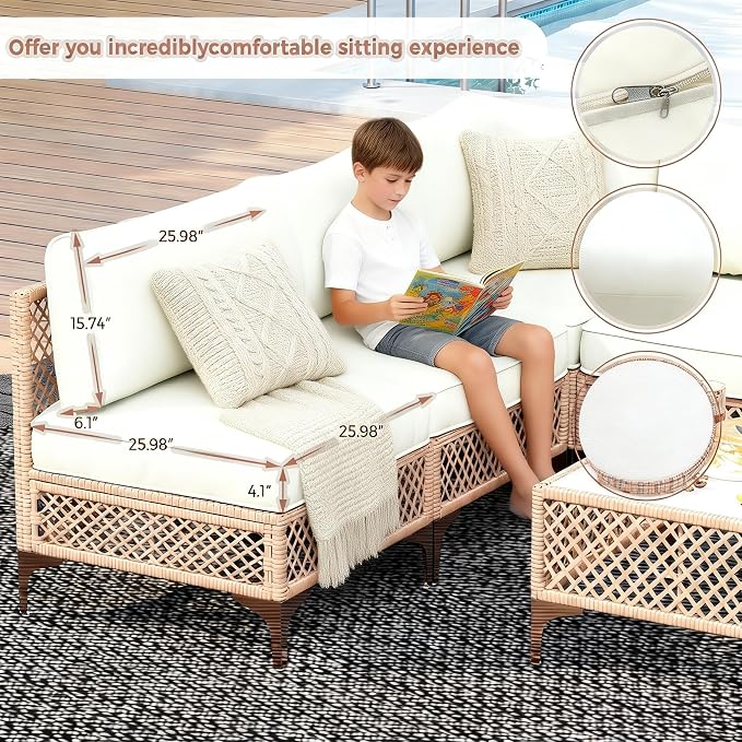 7-Piece Generous Patio Furniture Set, Wicker Outdoor Sectional Set with Large Tempered Glass Coffee Table, Boho Patio Conversation Couch Set with Thickened and Enlarged Cushion and Throw Cushion
