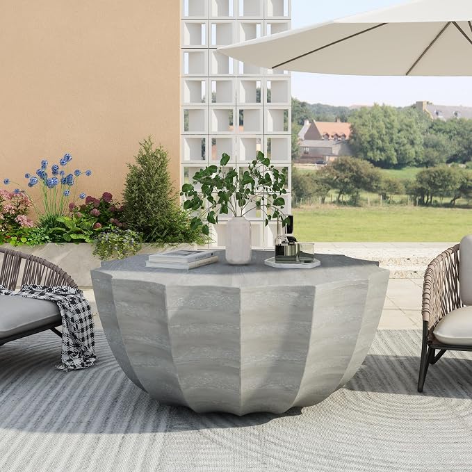 35.43" Faux Stone Coffee Table Round for Indoor or Outdoor Concrete Coffee Tables MgO Cement Center Tables for Living Room, Patio, Garden, Backyard, Balcony, Waterproof, Grey Bowl