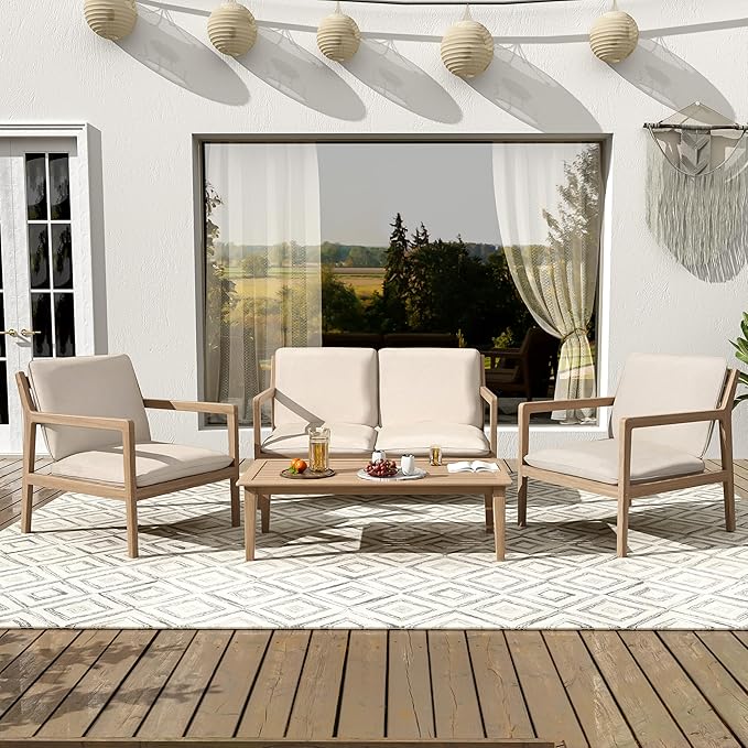 Christopher Knight Home Hearth Patio 4 Pieces Conversation Set, Acacia Wood Loveseat and Accent Armchairs, Slat Panel Coffee Table, Side Table with Sofa Chairs Chat Set for Garden Yard, Light Teak