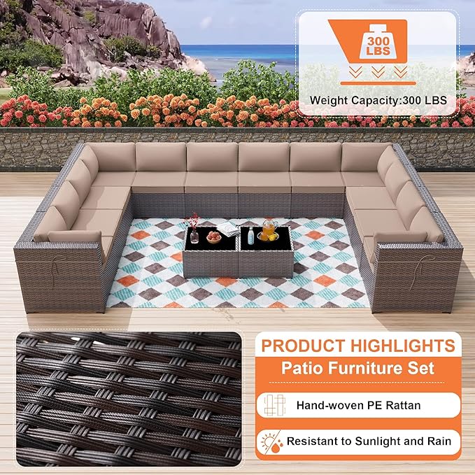 ALAULM 14 Pieces Patio Furniture Set Wicker Patio Conversation Set, Outdoor Sectional Furniture w/Coffee Table & Washable Seat Cushions-Sand