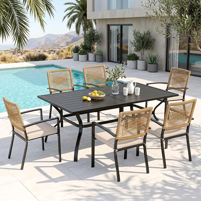 PHI VILLA Outdoor Dining Set for 4, 60" Rectangular Table, Wicker Chairs | Outdoor Dining Set for 6, Rectangular Patio Dining Table Set with Patio Wicker Chairs for Garden, Porch, Deck