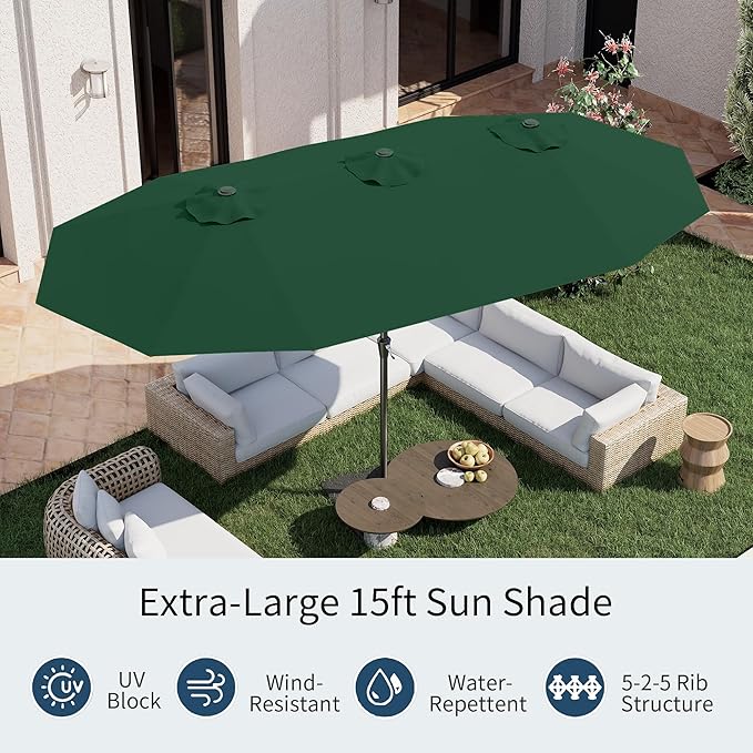 PatioKingdom 15FT Large Patio Umbrella with Base, Double Sided Rectangular Outdoor Umbrella with Sturdy Fiberglass Ribs, Market Umbrella for Pool,Garden,Backyard,Deck (Dark green, 15FT)