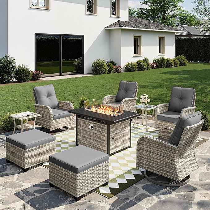 9-Piece Small Patio Furniture Set, Outdoor Swivel Rocking Chairs Set with 55,000 BTU Fire Pit Table Wicker Chairs and Ottomans, Patio Bistro Set for Balcony, Deck, Porch, Grey