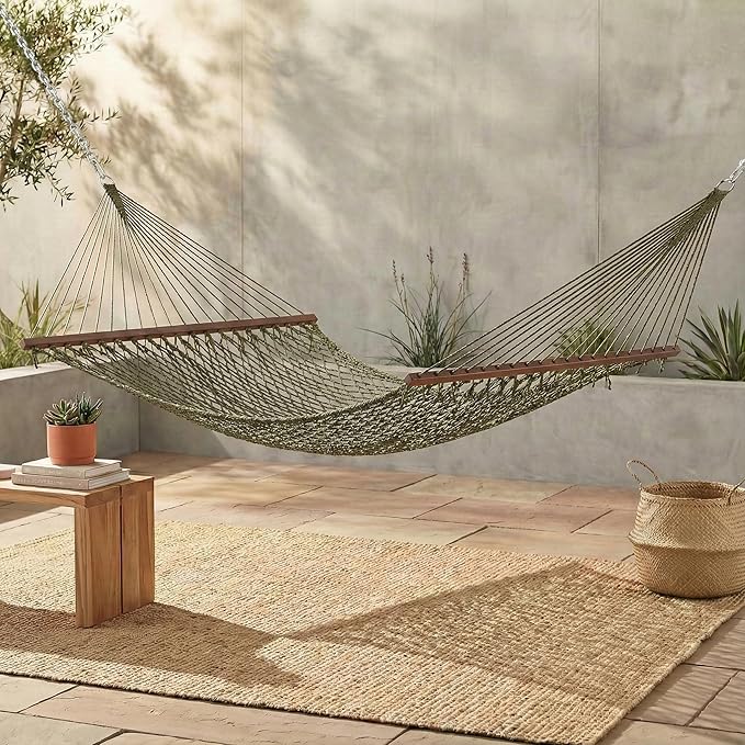 Fab Habitat Rope Recycled Polyester Hammock - Miami - Green - Indoor/Outdoor, Quick Dry, 2 Person 400 lbs Capacity - Patio, Poolside, Backyard, Garden, Beach, Balcony - 12-14 ft Adjustable