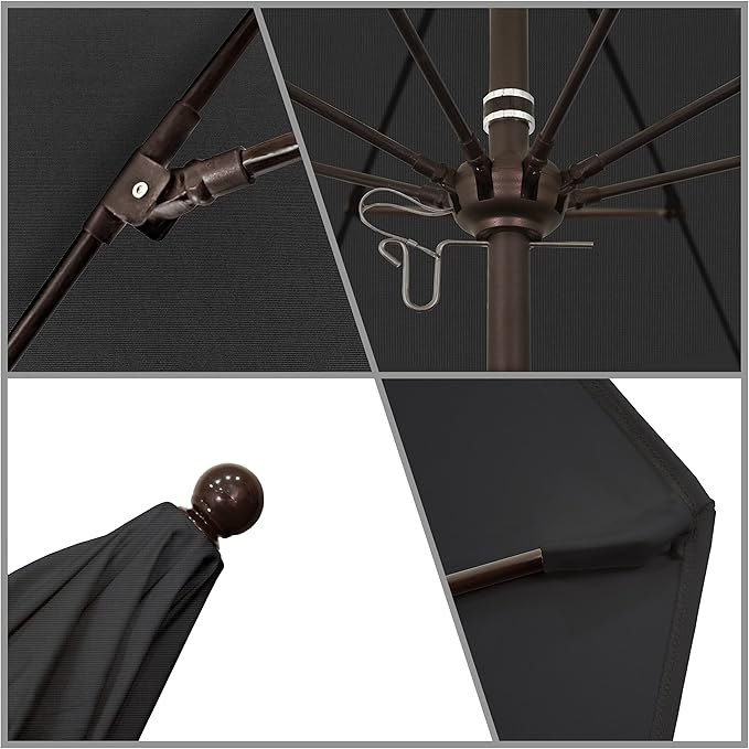California Umbrella 9' Round Aluminum/Fiberglass Umbrella, Push Open, Bronze Pole, Sunbrella Black Fabric