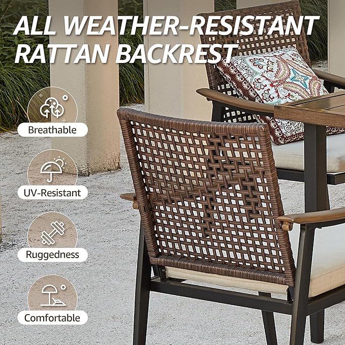 NATURAL EXPRESSIONS 7 Piece Patio Dining Table Outdoor Furniture Set for 6,4Pcs Fixed and 2Pcs Rattan Wicker Swivel Patio Dining Chair with Woodgrain Armrest, 65" Large Dining Table with Umbrella Hole