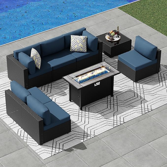 JAMFLY 8 Piece Outdoor Patio Furniture Set with Propane Fire Pit Table, All-Weather PE Wicker Rattan Sectional Sofa Set with Thick Cushions for Backyard, Garden, Poolside(Aegean Blue, Black)