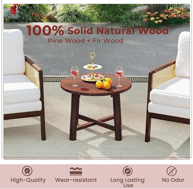 HAPPYGRILL Outdoor Wood Side Table, Round Patio End Table Coffee Table for Garden, Deck, Poolside & Indoor (2)