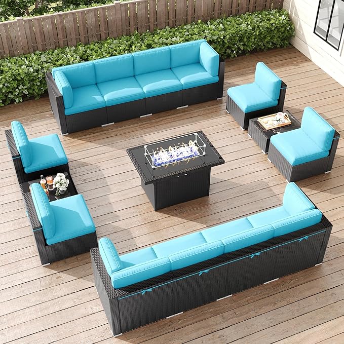 LayinSun 15 Pieces Patio Furniture Set with Fire Pit Table, Black Rattan Modular Sectional Patio Conversation Sofa Set
