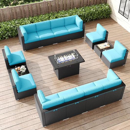 LayinSun 15 Pieces Patio Furniture Set with Fire Pit Table, Black Rattan Modular Sectional Patio Conversation Sofa Set