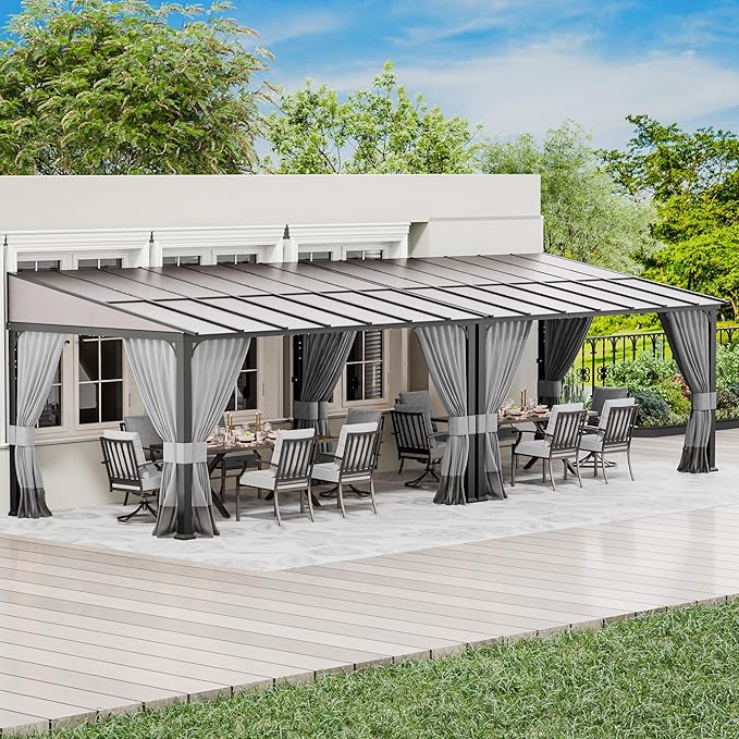 10' x 28' Lean to Gazebo,Large Wall Mount Heavy Duty Gazebos Pavilion,Outdoor Hardtop Pergola Shelter with Curtains and Netting,Sunshade for Patio Garden Lawn Backyard Deck,Grey