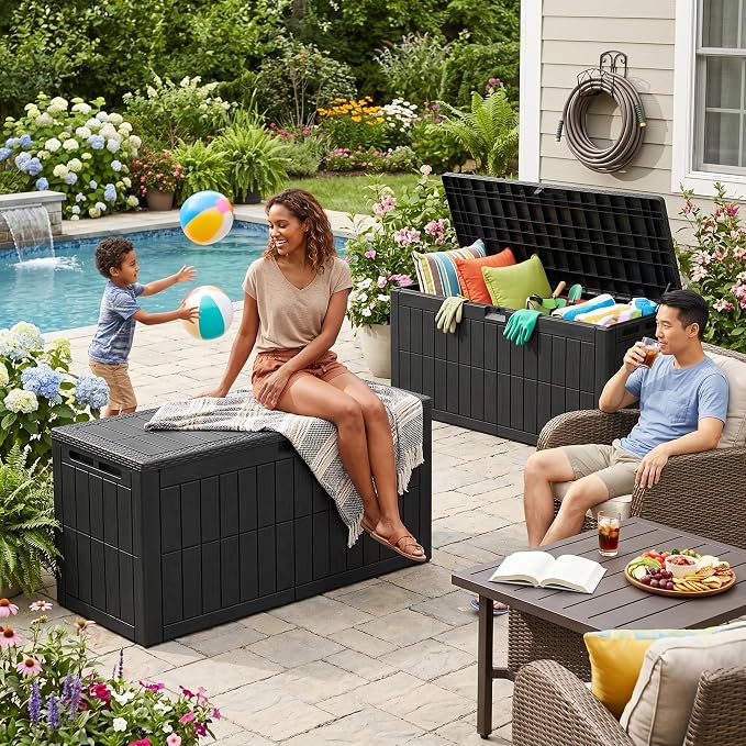 100 Gallon Outdoor Storage Box, Water Proof Resin Deck Box with Lockable Lid, Patio Furniture Storage Container for Cushions, Pool Accessories, Garden Tools, Black