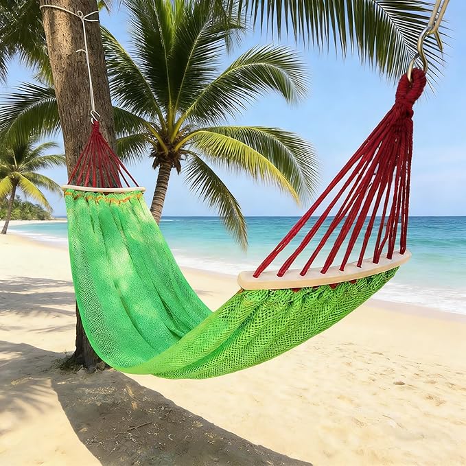 Portable Hammock Chair Swing, Super Soft Breathable Nylon Mesh Hammock Tent Camping Backyard Patio，Heavy Duty Hanging Swing for Indoor Outdoor (Green, with Wooden Support)