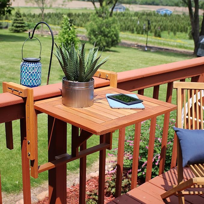 Sunnydaze Meranti Folding Balcony Patio Railing Table for 4-Inch to 8.75-Inch Railings