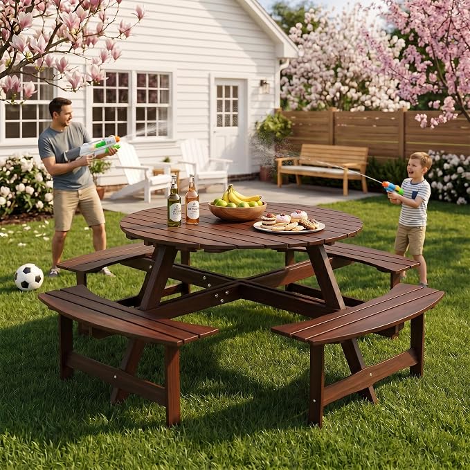 8 Person Outdoor Picnic Table, Round Dining Table with 4 Built-in Benches and Umbrella Hole, Outside Garden Backyard Table and Bench Set, 500lbs Capacity Per Bench (Brown)