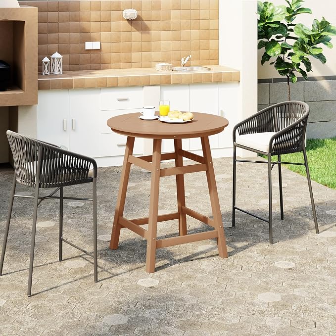 WestinTrends Outdoor 35" HDPE Round Patio Counter Height Bar Table, Teak