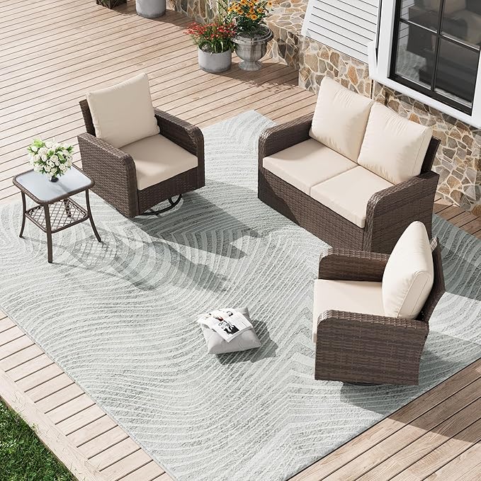 HOMREST 4 Piece Wicker Patio Furniture Set, 360 Degree Outdoor Swivel Patio Chairs w/Coffee Table and Loveseat, Small Patio Furniture Set for Garden, Deck and Poolside (Khaki)