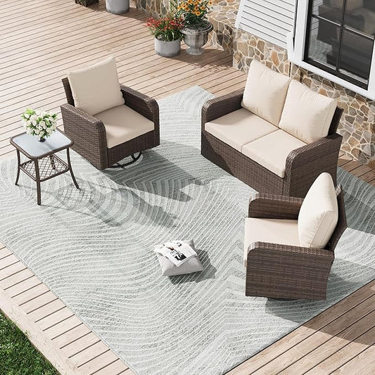 HOMREST 4 Piece Wicker Patio Furniture Set, 360 Degree Outdoor Swivel Patio Chairs w/Coffee Table and Loveseat, Small Patio Furniture Set for Garden, Deck and Poolside (Khaki)