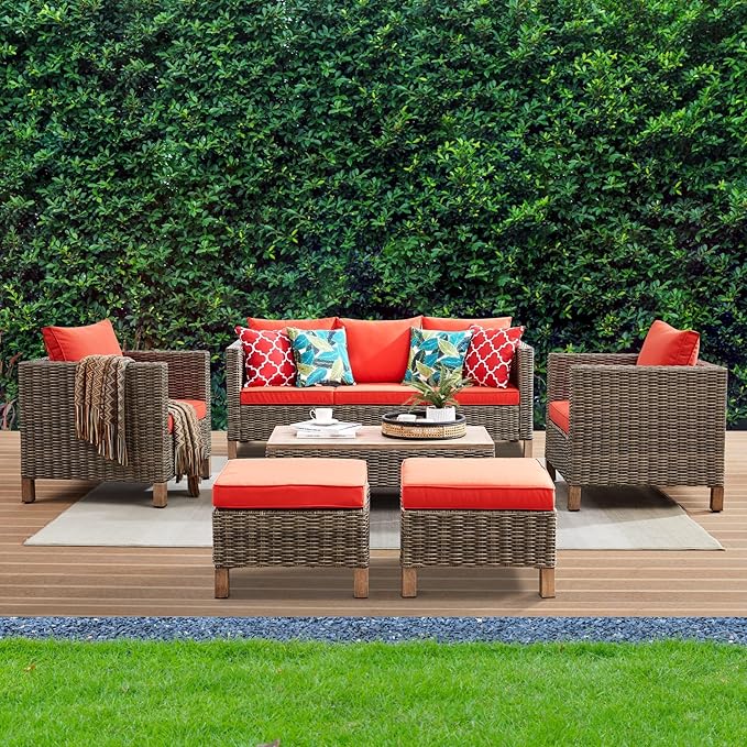 Sectional Sofa with Metal Top Coffee Table, 6 Pieces Conversation Set Reinforced Wicker Rattan Outdoor Furniture for Garden, Patio, Poolside, Porch PE Rattan Sofa (Red)