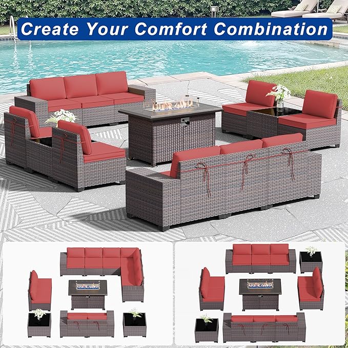 Outdoor Patio Furniture Set with Gas Fire Pit Table, 13 Pieces Outdoor Furniture Set Patio Sectional Sofa w/43in Propane Fire Pit, PE Wicker Rattan Patio Conversation Sets - Red