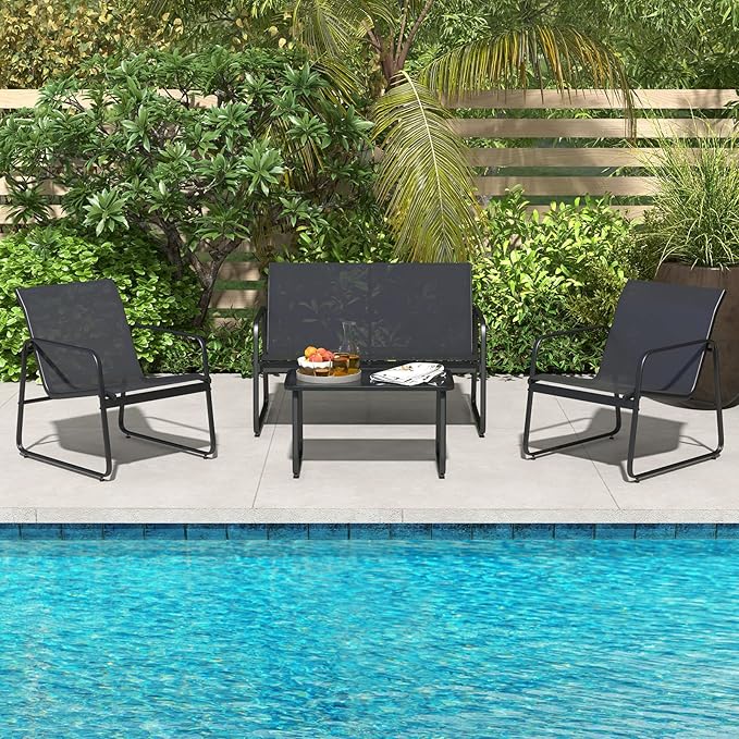 Tangkula 8 Pieces Patio Furniture Set, Outdoor Conversation Set with Tempered Glass Coffee Table, Outdoor Garden Porch Furniture Set with Breathable Fabric and Rustproof Metal Frame (2, Black)