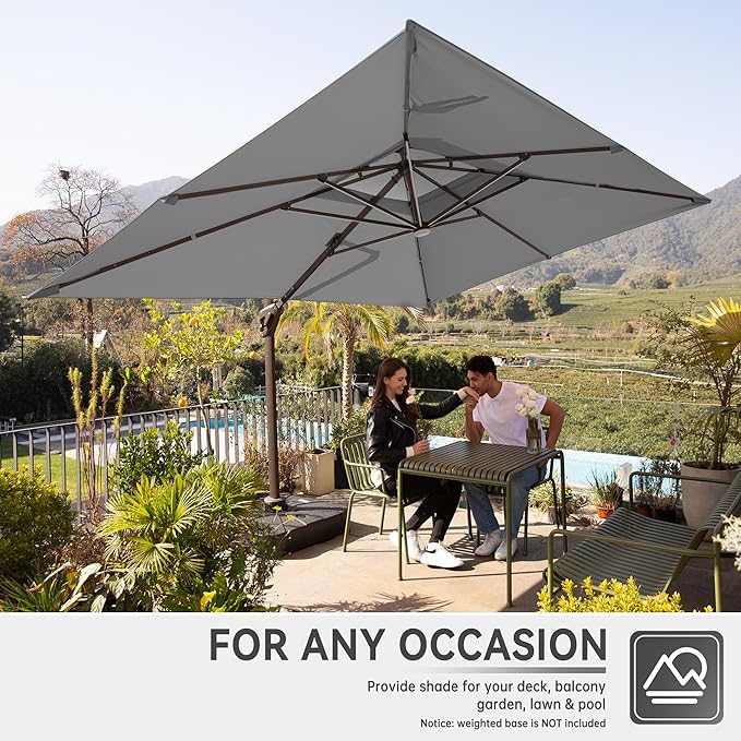 10 X 13 FT Cantilever Outdoor Patio Umbrella with Base Included Large Heavy Duty 360° Rotation Double Top Offset Rectangular Umbrellas with LED Lights for Backyard Outside Deck, Grey