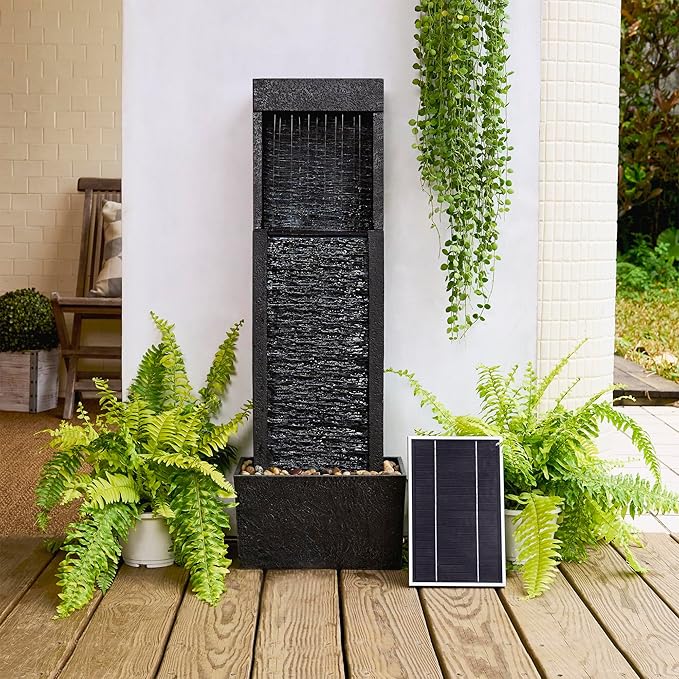 Teamson Home Athena Waterfall Water Solar Fountain with LED Lights and Pebble Stones for Patio Garden Backyard Decking Décor, 38 inch Tall, Gray