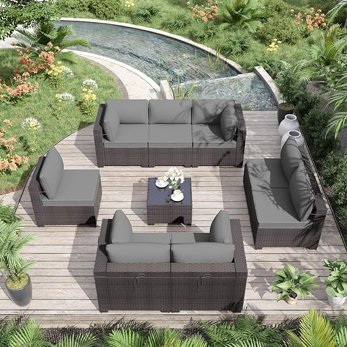 ALAULM 9 Pieces Patio Furniture Set Wicker Patio Conversation Set with 4 Corner Sofas, Outdoor Sectional Furniture w/Coffee Table & Washable Seat Cushions-Grey