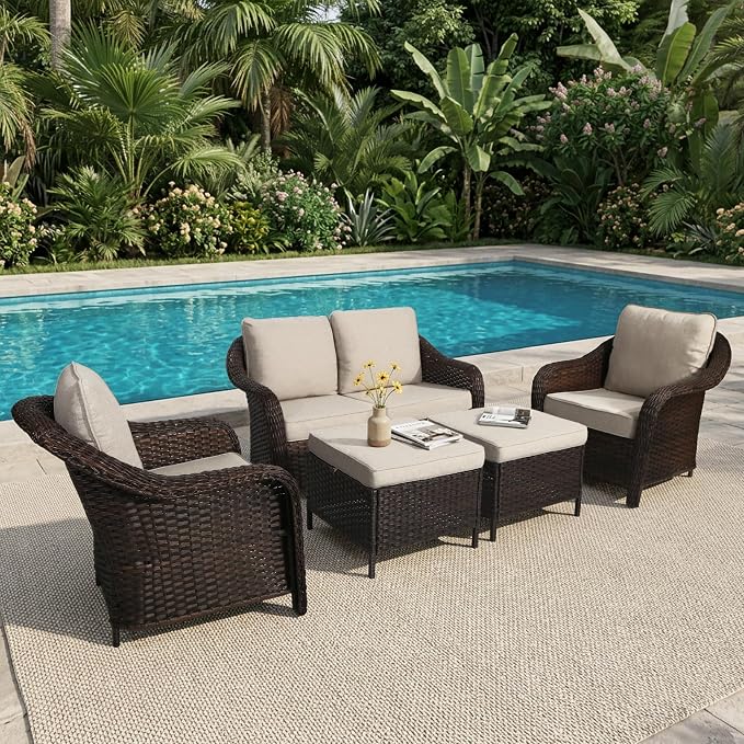 5 Piece Patio Wicker Conversation Set, All-Weather Use Outdoor Wicker Loveseat with 2 PE Rattan Ottomans,2 Chair, Ideal for Porch, Backyard, Balcony, Poolside, Beige