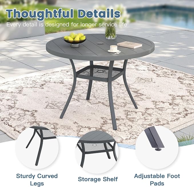 DIFY 5 Pieces Outdoor Dining Set for 4, 40.6" Round Dining Table with Umbrella Hole and Textilene Stackable Patio Chairs, Metal Patio Table and Chairs Set for Garden Backyard Poolside, Grey