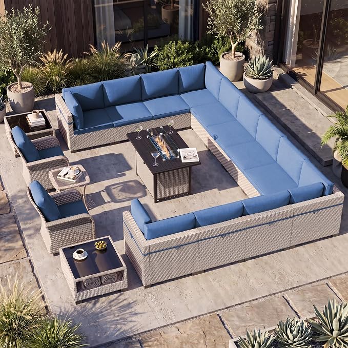 Patio Furniture Set, 18-Piece Outdoor Sectional Sofa with Swivel Rocker Chairs & Fire Pit Table, Wicker Patio Conversation Set with Coffee Table, Blue Cushions