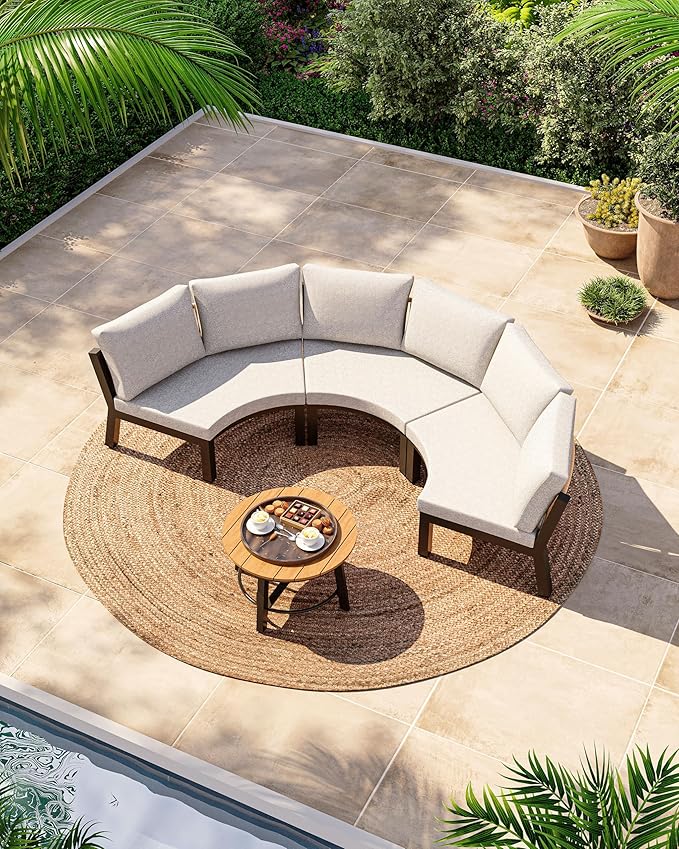 Half Moon Patio Furniture Set, Aluminum Curved Patio Conversation Sets, Luxury Outdoor Sectional Sofa with PE Rope, All-Weather 4 Pcs Outdoor Couch with Modular Coffee Table & Cushions, Gray
