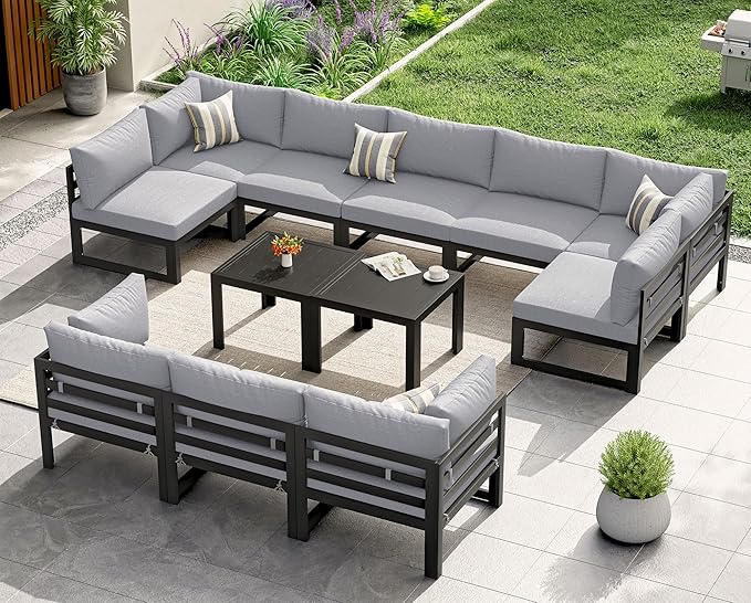 NICESOUL Large Luxury Aluminum Outdoor Sectional Sofa with Side Table, Weather Resistant Modular Patio Furniture Set for 10 People, 500 lbs Heavy Duty Conversation Couch for Poolside Lawn, Light Grey