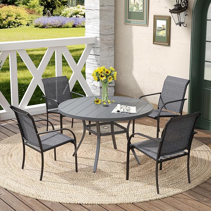 DIFY Patio Round Dining Table, 42" All Weather Round Outdoor Table with 1.57" Umbrella Hole for 4 Person, Perfect for Balcony Garden and Backyard, Grey