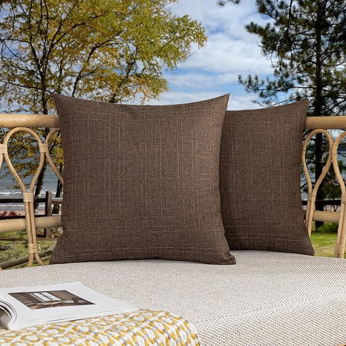 Kevin Textile Outdoor Waterproof 22”x22” Pillow Covers 2 Pack, Brown | Water Resistant, Soft Faux Linen-cotton Yarn-dyed Woven Texture Throw Pillow Covers for Tent Patio Garden Couch Sofa
