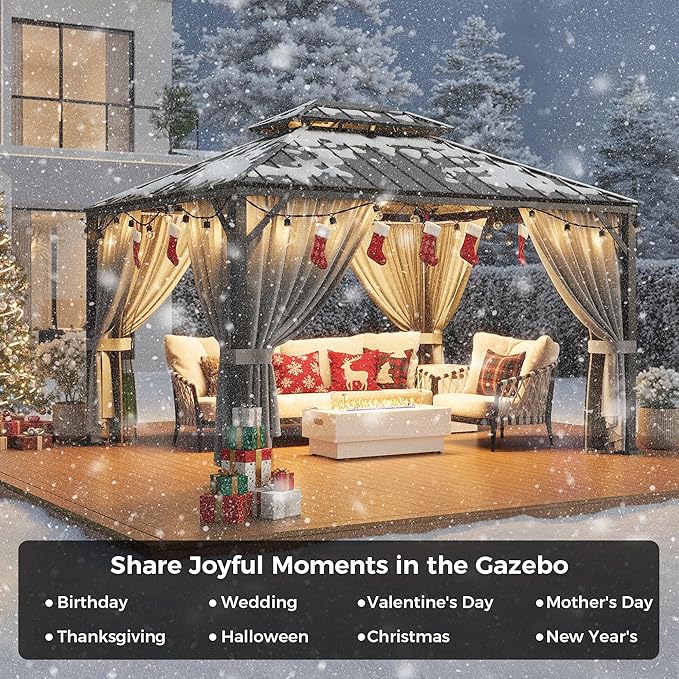 IRONCK 10'x12' Outdoor Hardtop Gazebo, Aluminum Patio Gazebo with Galvanized Steel Double Roof, Patio Pergola with Net and Curtain, Backyard Canopy for Garden, Deck, Black Gray