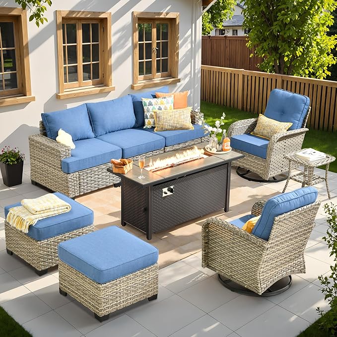9 Pcs Outdoor Sectional Patio Furniture Set with Fire Pit Table and Swivel Rocking Chairs - All Weather Wicker Modular Outside Sectional Sofa Couch,Patio Seating Outdoor Conversation Sets,Blue