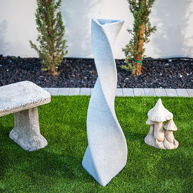 XBrand 39 in. H Freestanding Resin Fiberglass Sculptural Modern Twisted Pilar Outdoor Garden Fountain w/LED Light, White