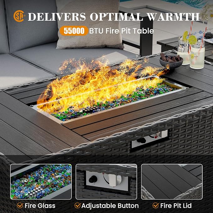 UDPATIO Aluminum Outdoor Furniture Set with Fire Pit Table, 6 Pieces All-Weather & UV-Resistant Patio Sectional Sofa Set for Deck, Backyard, Poolside, Light Gray