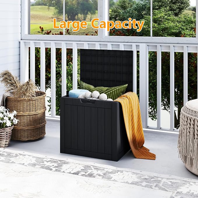 35 Gallon Outdoor Storage Box Waterproof Large Resin Deck Box Indoor/Outdoor Lockable Storage Container and Seating for Garden, Pool, and Patio (35 Gallon, Black)
