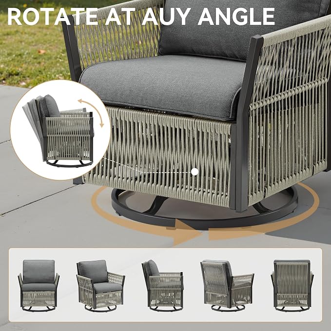 Patio Furniture Set Outdoor/Indoor, Wicker Patio Sofa, 5pcs Furniture Set with Swivel Rocker Chairs, Side Table, and Ottomans for Backyard, Garden, Poolside(Grey)