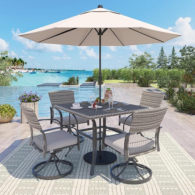 Pamapic 5-Piece Outdoor Dining Set with Swivel Chairs, Rattan Patio Furniture for Backyard, Deck, Garden, Weather-Resistant Iron Slats Table & 4 Chairs with Removable Cushions (Grey)