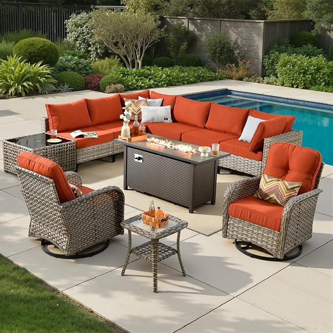 11 Pieces Patio Sectional Furniture Set, Outdoor Wicker Sectional Couch with Firepit Swivel Rocker Chairs Solar Lights Table, Modern Conversation Set for Porch Balcony Backyard, Orange