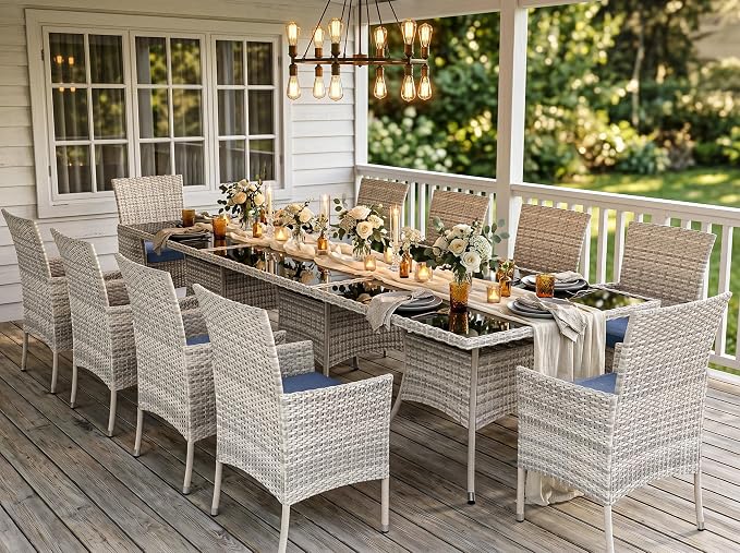 Outdoor Dining Set, 15-Piece Patio Furniture Set with Tempered Glass Table and 12 Cushioned Chairs, Dual-Strand Wicker Rattan, Balcony Furniture for Backyard, Garden, Deck,– Navy Blue