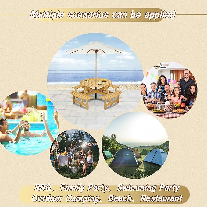 JOYBASE 8-Person Wooden Picnic Table, Outdoor Round Table with Built-in Benches and Umbrella Hole, Picnic Table Bench Set for Patio, Backyard, Garden (Natural)