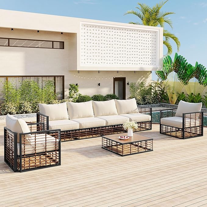 7-Piece Metal Patio Sectional Sofa Set, Free Combination Sofa Set with Coffee Table, All-Weather Garden Conversational Furniture Set with Thick Cushions and 8 Pillows (Dark Gray Frame+Beige Cushion)