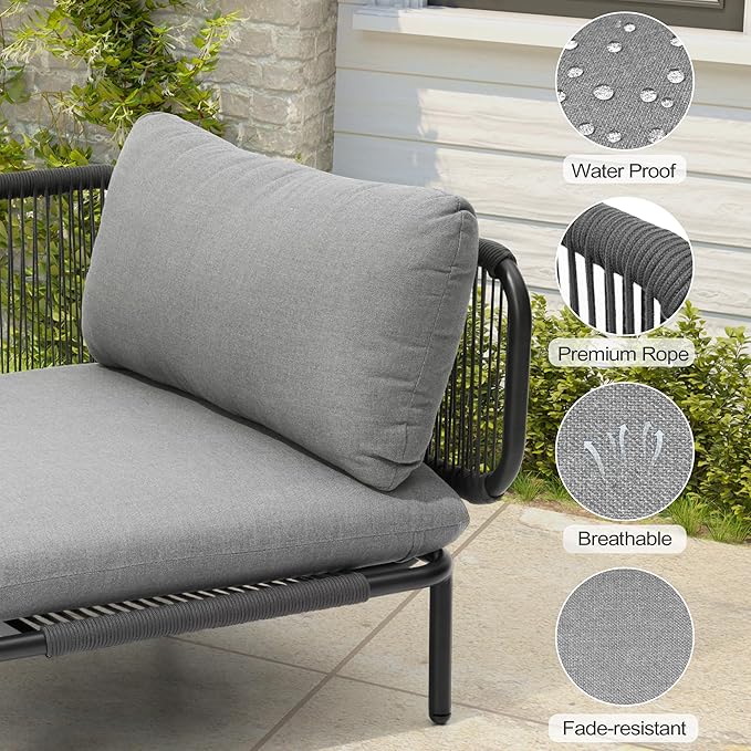 Patio Furniture Set, Outdoor Patio Furniture Oversized Metal Patio Sectional Sofa, 2-Seat Conversation Set with Cushion for Indoor and Outdoor, Black Frame & Dark Grey Mat (2 Seats 4 Armrests)