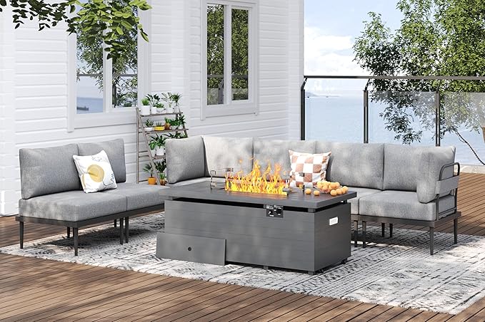 Metal Patio Furniture Set, 7 Pieces Outdoor Sectional Couch Sets with Fire Pit Table & Washable Cushion, Modular Outdoor Corner Sofa Set for Deck, Patio & Courtyard (Gray)