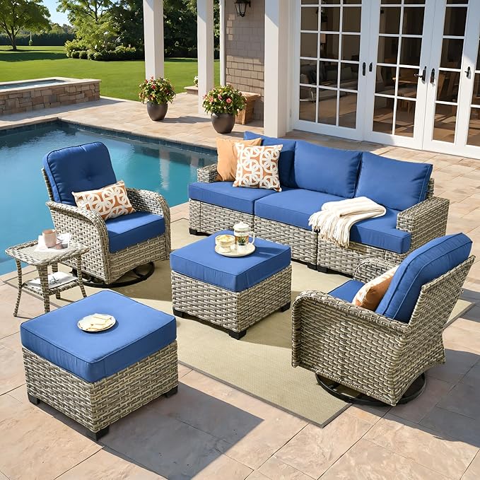 8 Pcs Outdoor Sectional Patio Furniture Set with Swivel Rocking Chair and Ottomans - All Weather Wicker Outside Sectional Couch,Patio Seating Outdoor Conversation Sets for Deck Yard Garden,Navy Blue