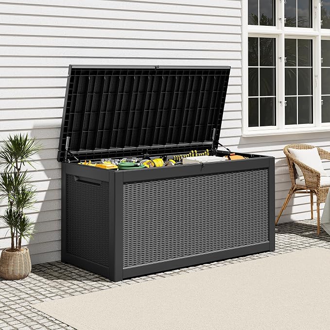 Outdoor Storage Box, Resin Deck Boxes Indoor and outdoor, Waterproof Storage Box Lockable Lid (Black,320 Gallon)